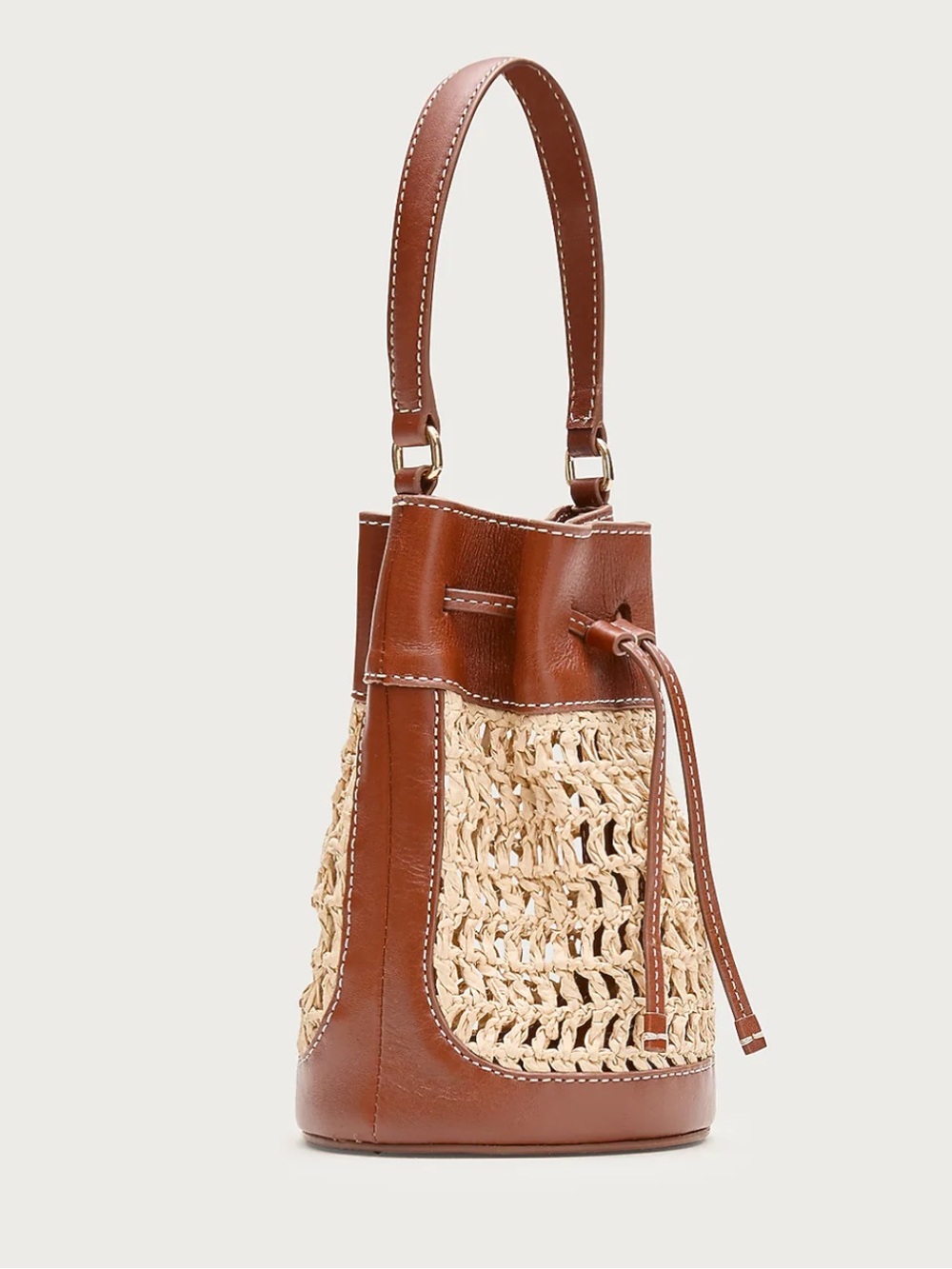 J. Crew Drawstring Brown English Saddle Leather & Straw Mini Bucket Bag #OA3 - Picture 4 of 16